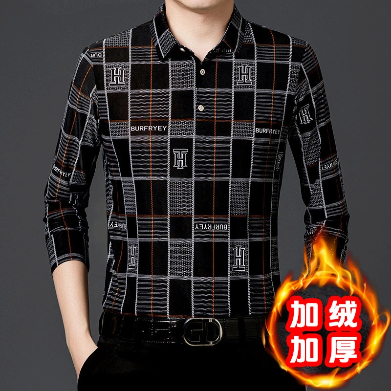 加绒加厚格子长袖polo衫男针织衬衣上衣冬季中老年保暖内衣打底衫