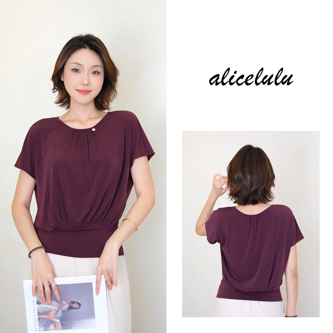 [alicelulu] 通勤百搭圆领抽褶蝙蝠袖宽松T恤上衣 S2143646L