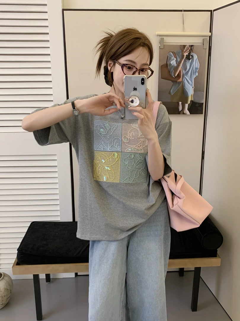 0187【夏季新款】四宫格亮片米米卡通潮牌休闲百搭韩版短袖（787）