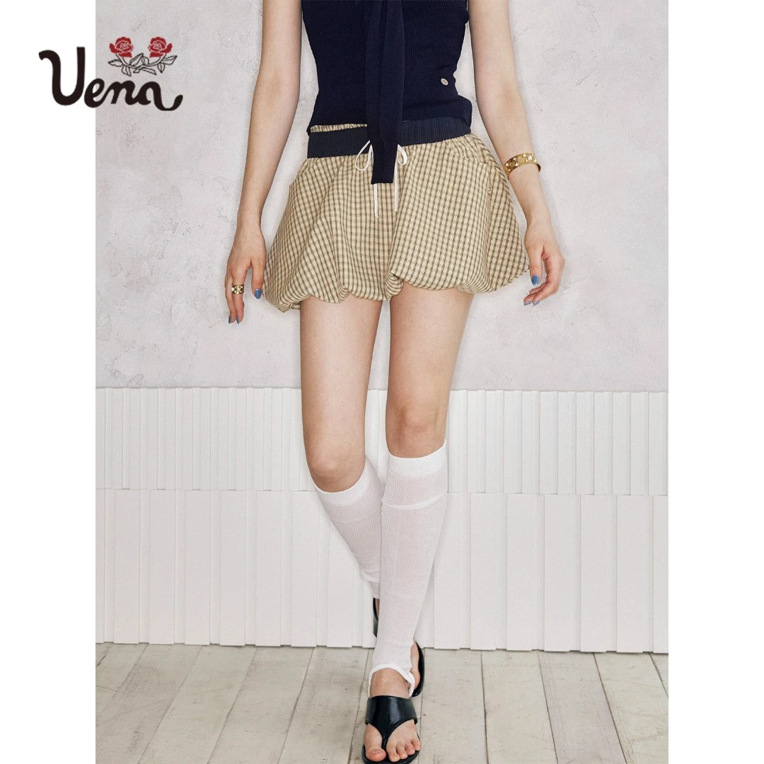 【精灵花园】Uena美式复古卡其色格纹松紧腰短款蓬蓬花苞半身裙女
