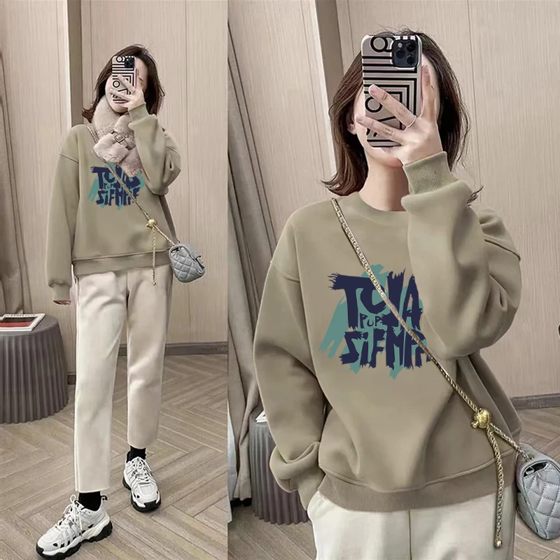 圆领套头打底衫加绒加厚卫衣女2025秋冬新款宽松韩版外套春秋薄款