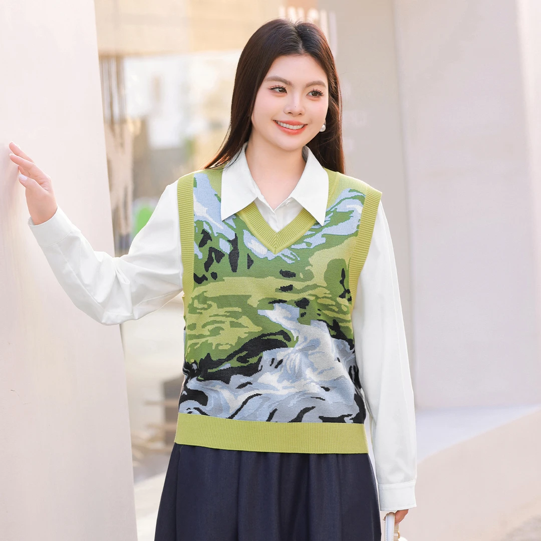 【油画外搭针织衫背心】MsShe大码女装2025春复古油画提花Q2502023
