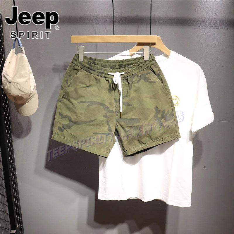 Jeep吉普欧美简约松紧腰休闲短裤男士个性印花迷彩裤夏季三分裤子