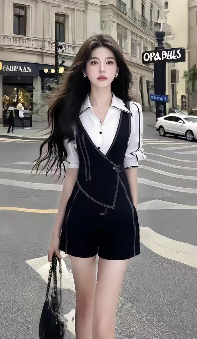韩版气质休闲风穿搭黑色百搭修身背带裤+白色显瘦小众衬衫两件套
