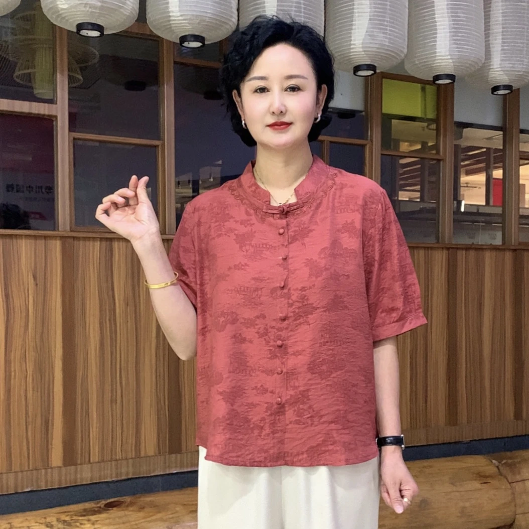 春夏新款气质休闲新中式夏季中国风复古时尚宽松圆领百搭妈妈装
