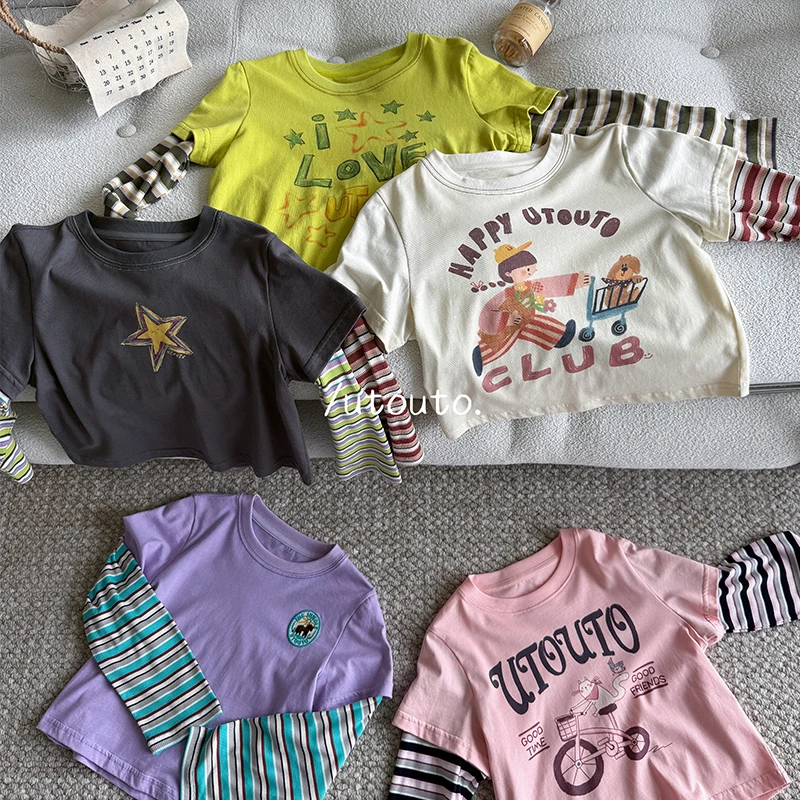 utouto大耳象童装铺条纹袖子假两件印花T恤2501163