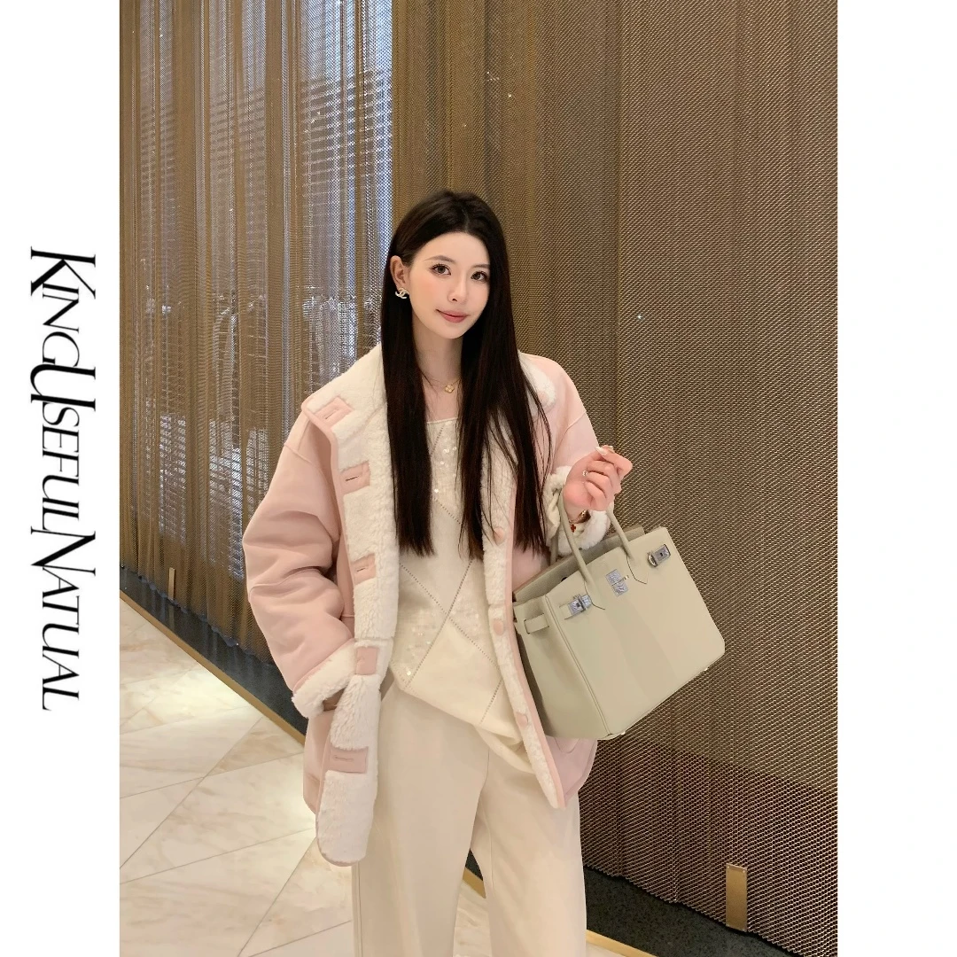 KUN【海莉】气质两穿 双面复合粉白拼接休闲中长款保暖微宽松外套