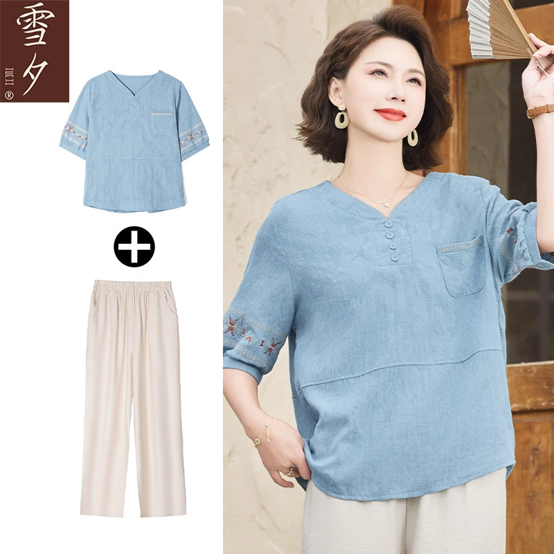 妈妈夏装洋气新款短袖T恤中老年女时尚宽松新中式母亲节上衣