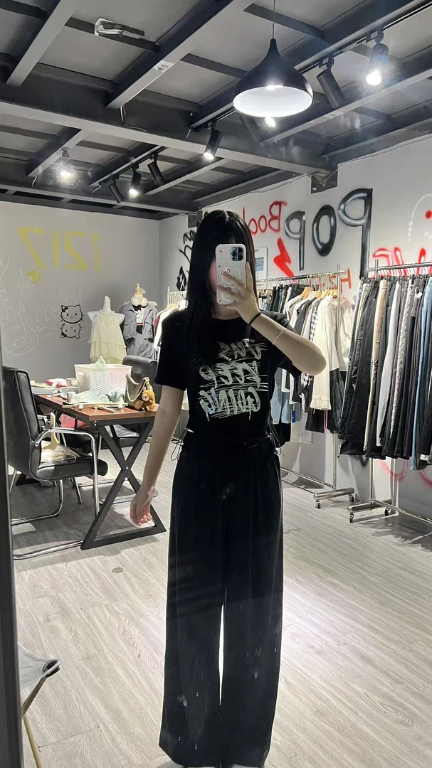 韩版时尚字母印花短款T恤搭配工装阔腿裤女装套装