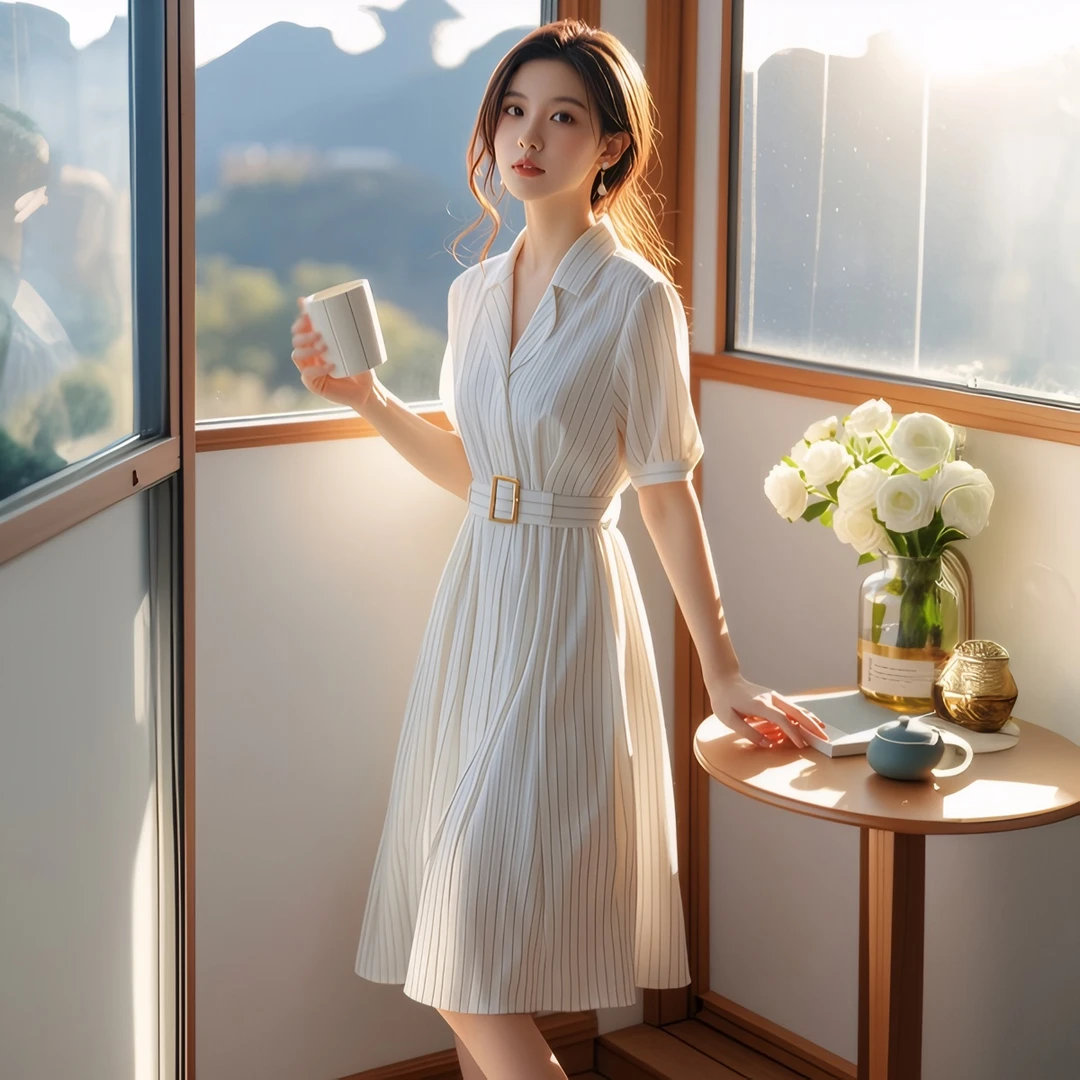 夏季新款显瘦百搭小个子高腰条纹连衣裙女通勤气质时尚白色裙子