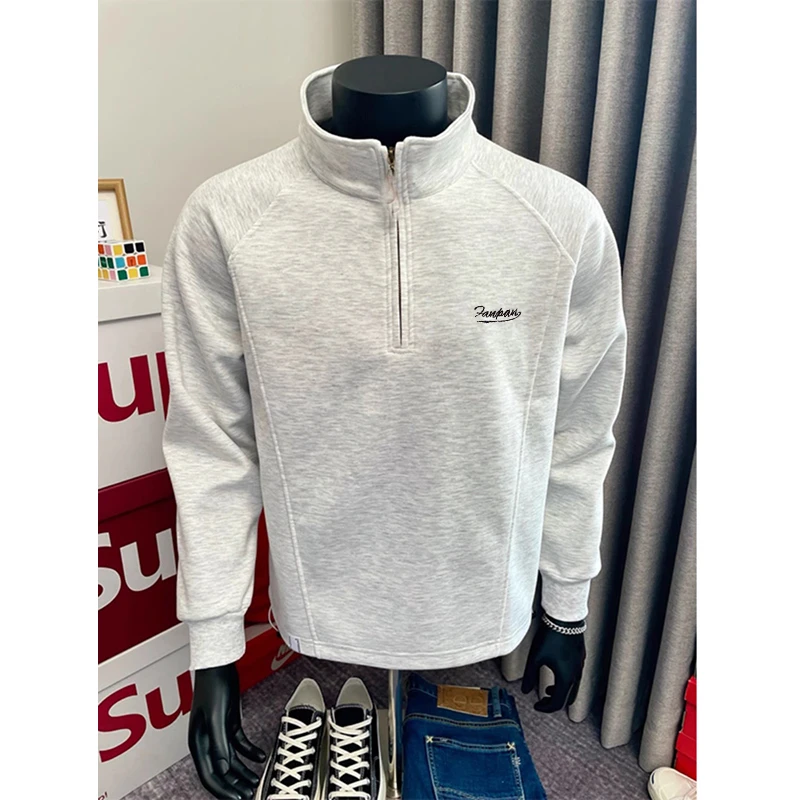白灰色美式半拉链立领卫衣男款春秋cleanfit潮牌重磅长袖运动外套