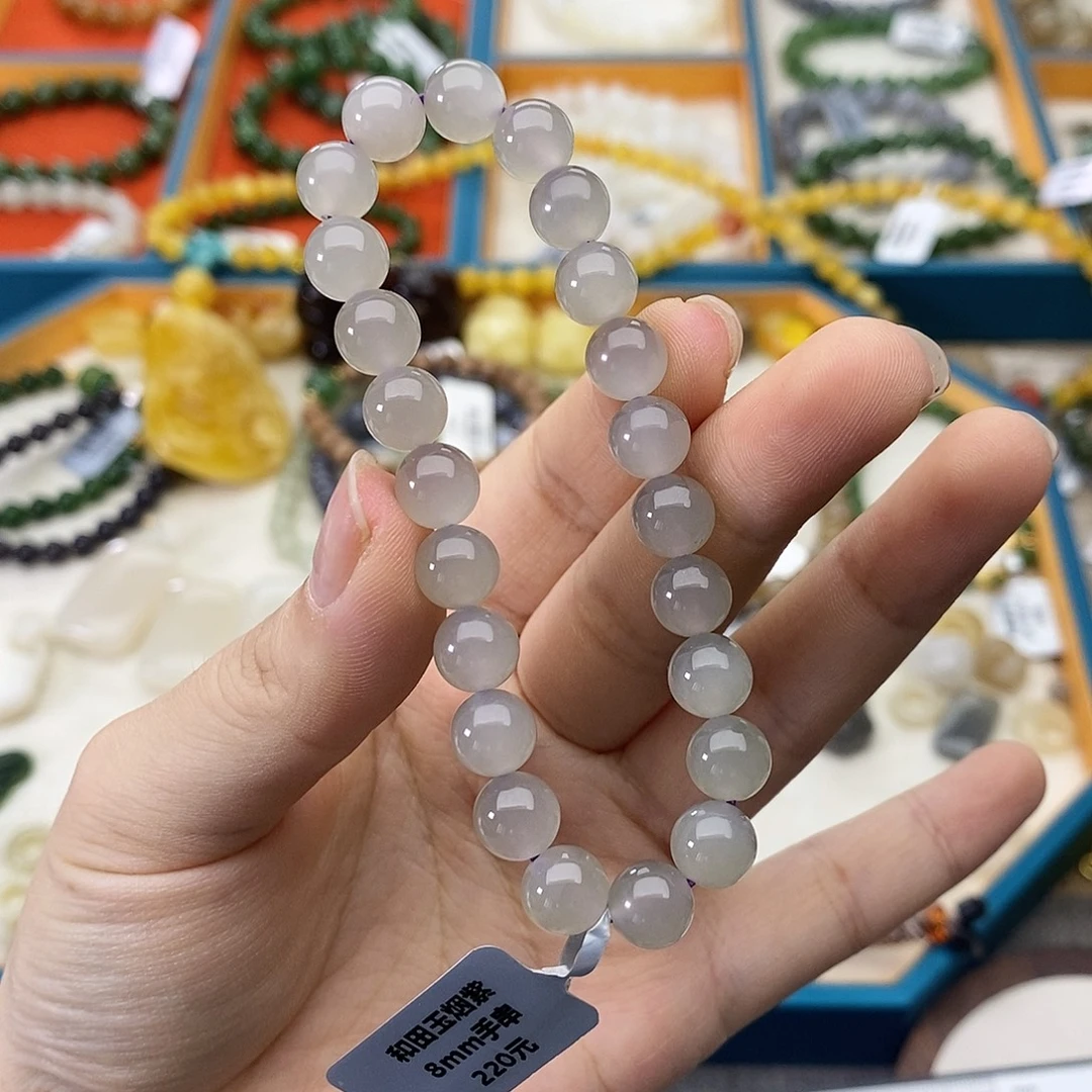 和田玉未镶嵌手链w23冰烟紫猫眼8mm