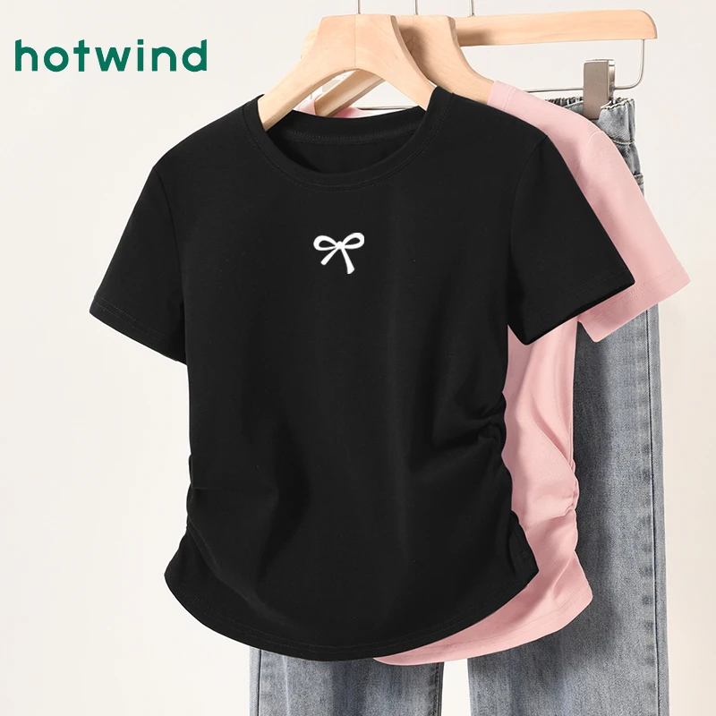 Hotwind/热风黑色短袖t恤女2025新款夏季美式学院风半袖显瘦上衣