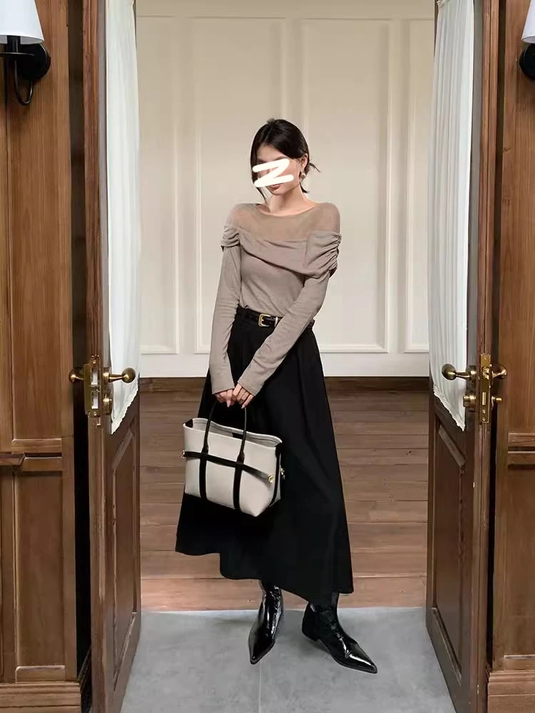 法式辣妹时尚套装蕾丝拼接长袖针织衫上衣女秋季A字半身裙两件套