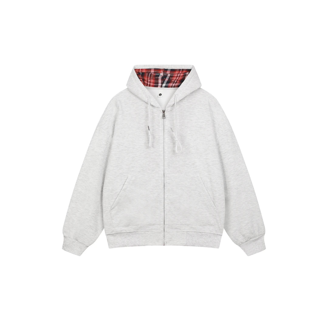 PAULASARA cleanfit加绒连帽开衫卫衣格子纹贴布拼接潮流帽子外套