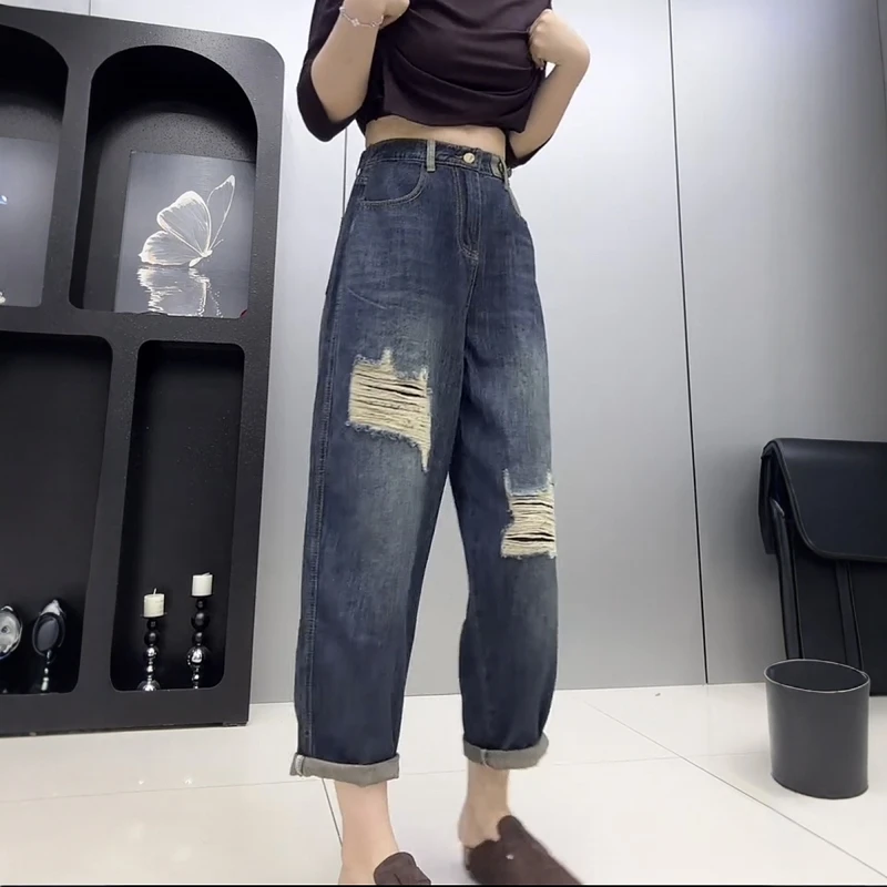 大码百搭复古显瘦哈伦牛仔裤女2025秋季新款假破洞直筒显瘦老爹裤