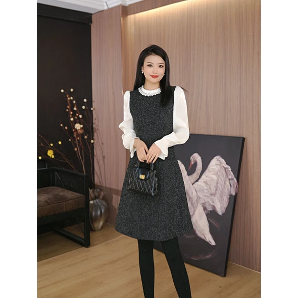 【艾妮】法式高知千金复古气质连衣裙2025新款手工钉珠假两件显瘦裙