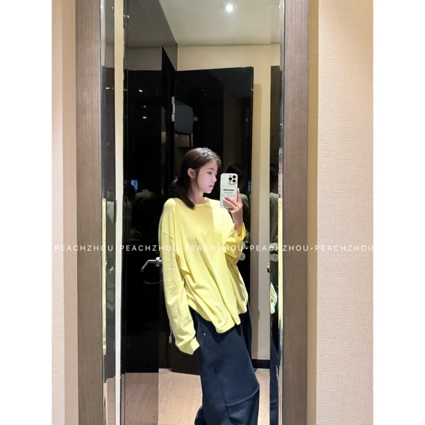 『PEACHZHOU』天丝羊绒针织黄色宽松圆领内搭长袖休闲基础打底T恤女