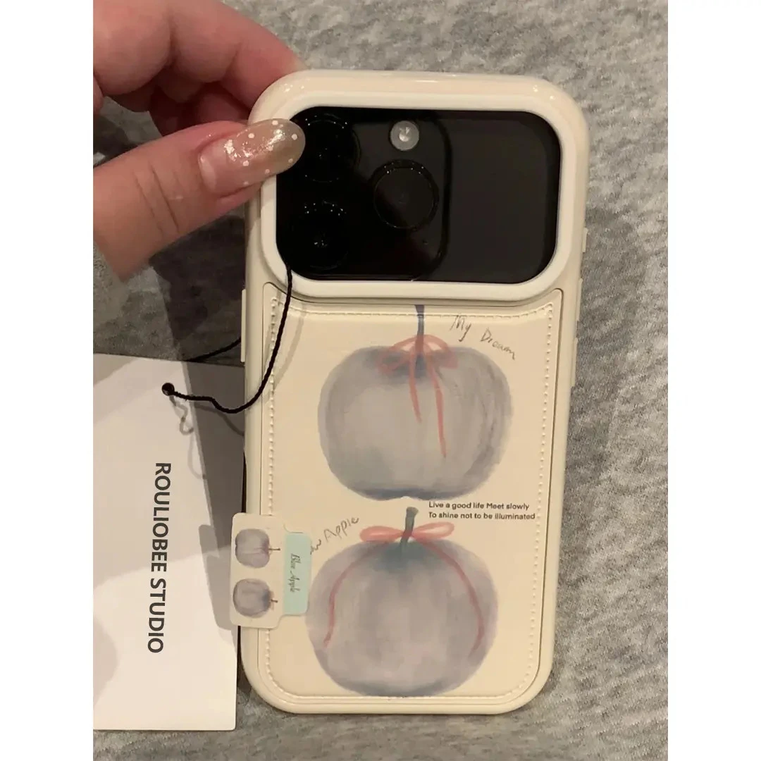 油画淡蓝苹果标签适用苹果17/16/15promax皮质手机壳14/13少女12