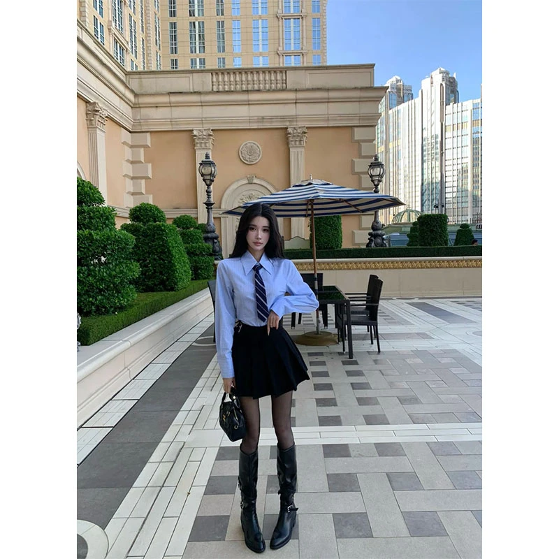 韩系设计感学院风套装高级长袖蓝色衬衫上衣高腰a字半身裙短裙女