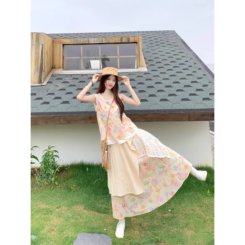 夏日绝美小裙子多巴胺穿搭一套温柔度假风法式清纯甜美连衣裙套装