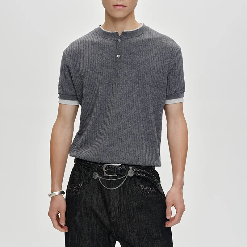 CATSSTAC旅人羊毛假两件短袖-灰色夏季休闲条纹