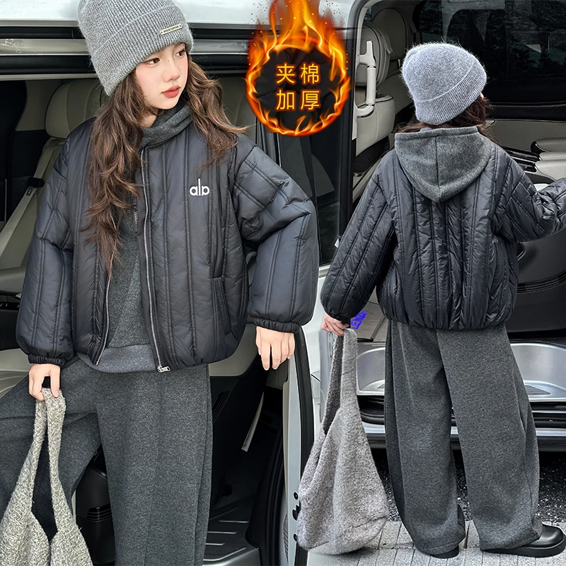 女童秋冬款棉衣套装2025新款6-15岁大童时髦百搭款卫衣外套三件套