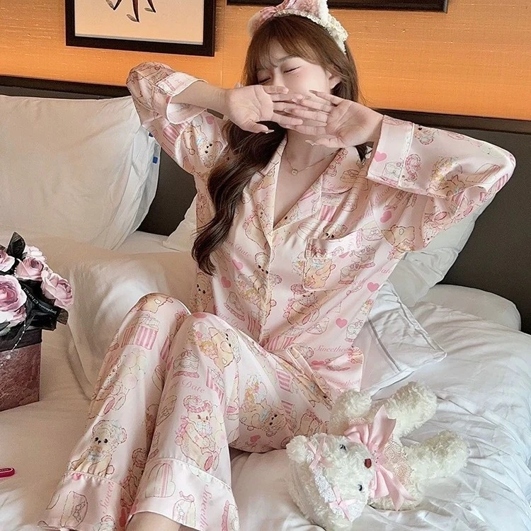 OUFENLAI睡衣2025新款2025新款甜美可爱蛋糕小熊冰丝冰丝长袖睡衣