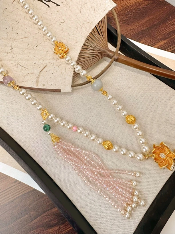 铜合金石英石项链 新中式国风古典长款项链锁骨链百搭超仙