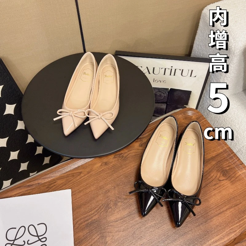 内增5CM裸色法式尖头蝴蝶结单鞋中跟低跟女鞋软底女百搭时尚浅口