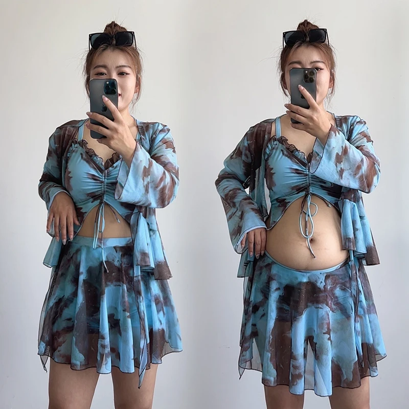 【小然直播专属】长袖保守遮肉显瘦泳衣女大码宽松平角温泉海边度