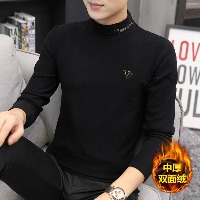 双面德绒半高领打底衫男秋冬新款加绒加厚保暖内搭长袖t恤秋衣服