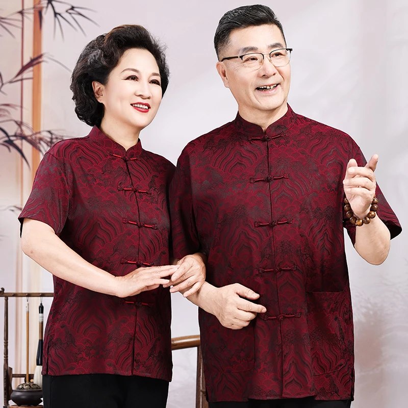 中老年爸爸妈妈情侣装唐装男短袖夏季薄款中国风爷爷套装老人中式