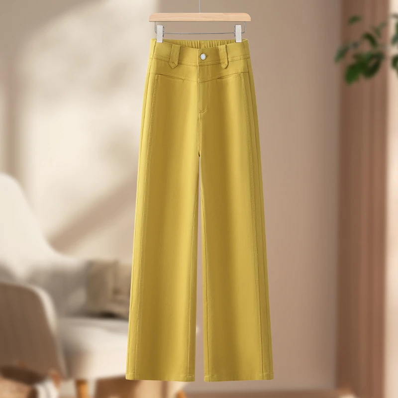黄色牛仔阔腿裤女2025年春夏季新款高腰梨形身材胖mm宽松直筒裤子