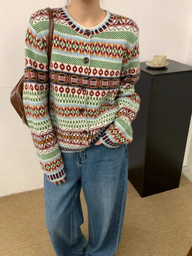 【绵羊毛】欧洲站秋冬新款圆领复古民族风毛衣开衫外套女针织上衣潮