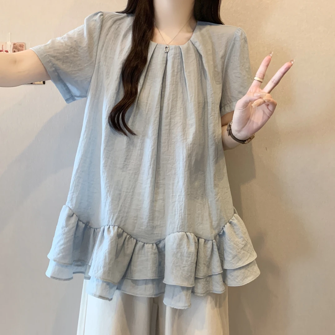 大码遮肚子宽松短袖衬衫女夏季微胖mm设计感洋气荷叶边上衣打底衫