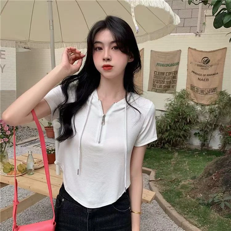 时尚连帽卫衣衫简约爆款韩版修身百搭洋气显瘦休闲短袖t恤夏季潮