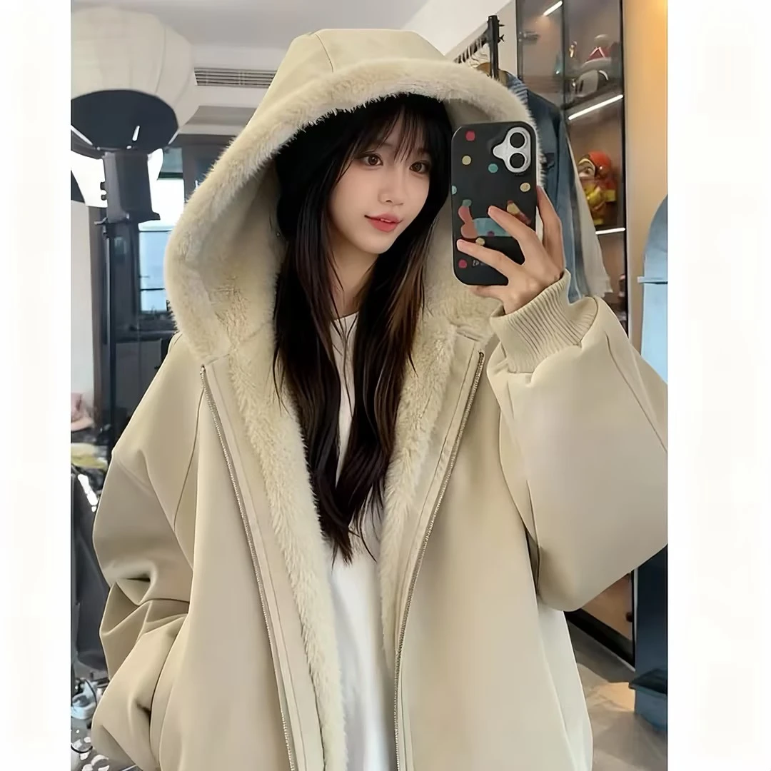 美式复古座山雕pu皮衣外套男女冬季加绒加厚毛领连帽短款棉衣夹克