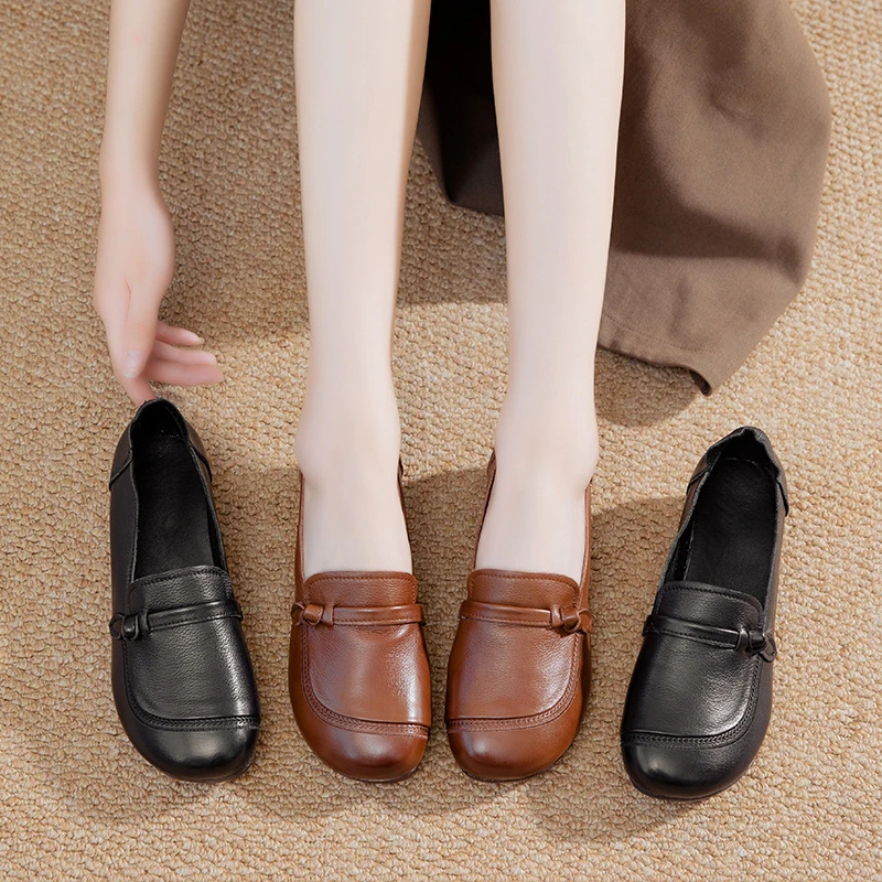 头层牛皮春秋款深口复古女单鞋圆头牛筋软底一脚蹬低跟休闲妈妈鞋