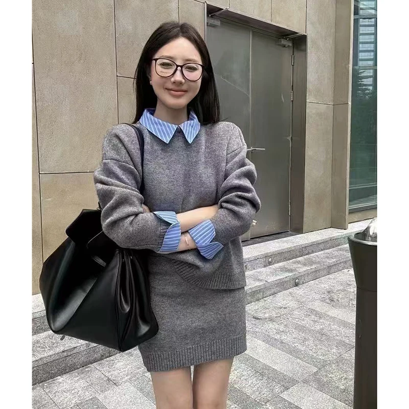 气质假两件拼接领毛衣秋冬套头长袖上衣高腰包臀针织短裙时尚套装