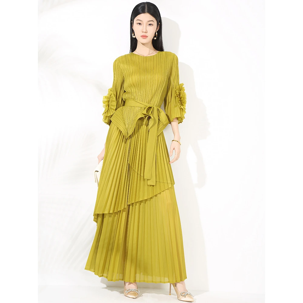 褶皱跨境新款盘花系带气质两件套通勤时尚宽松上衣长款半裙套装女