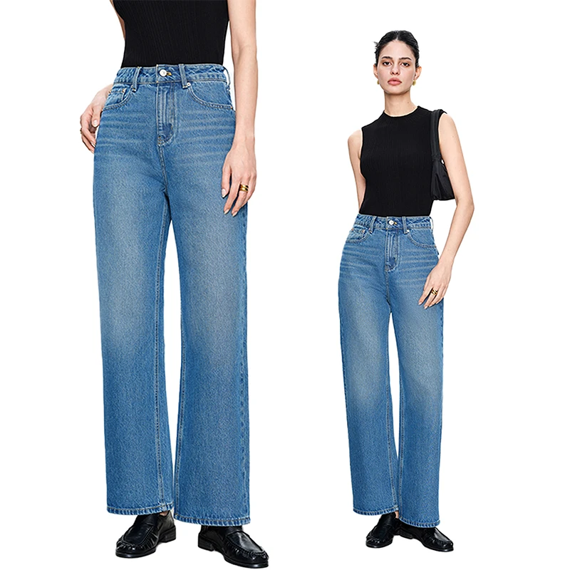 Rightcell 蓝色直筒阔腿牛仔裤女2025春季新款高腰宽松休闲长裤