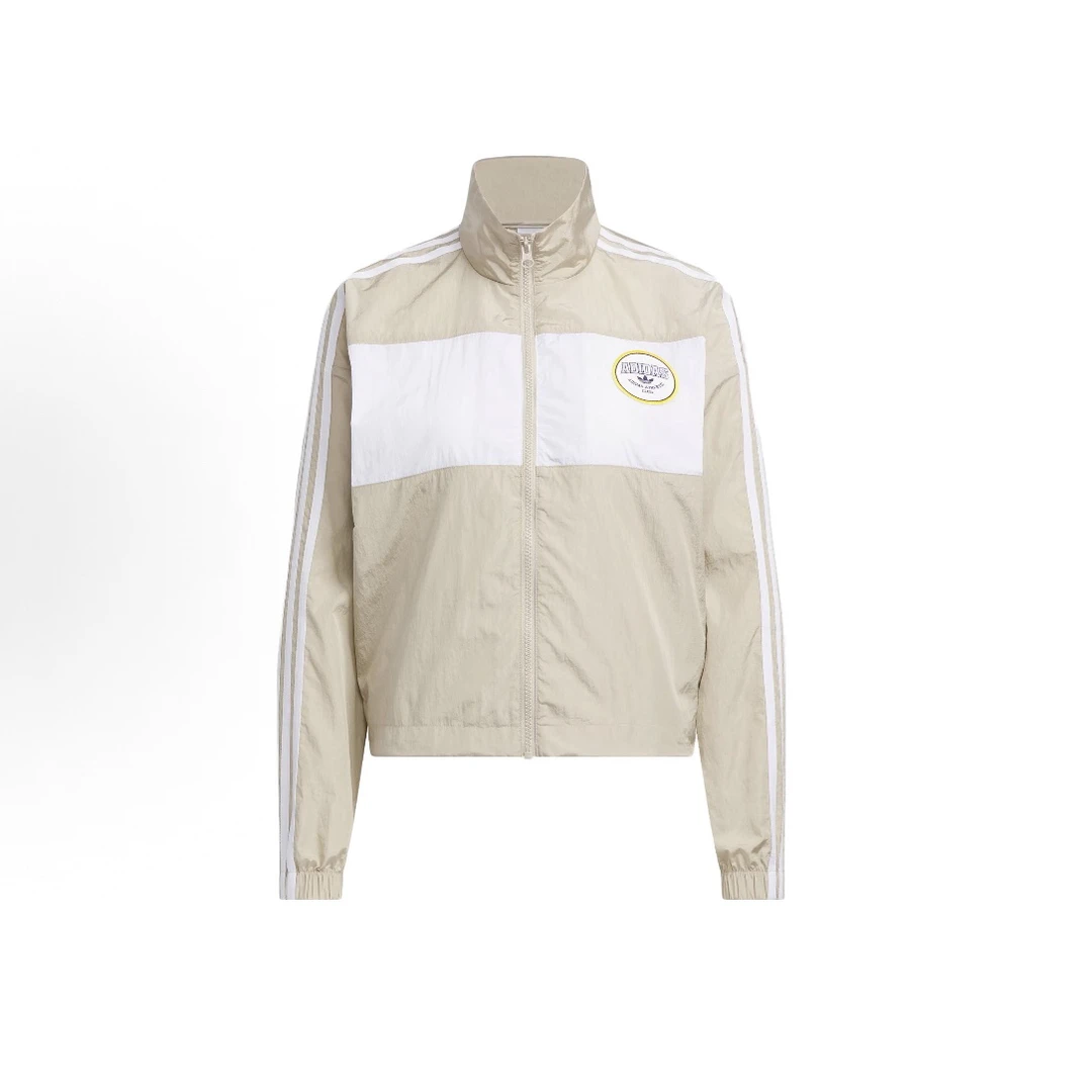 adidas 三叶草三条纹拼色运动学院风立领夹克 女款 米褐色IU4774