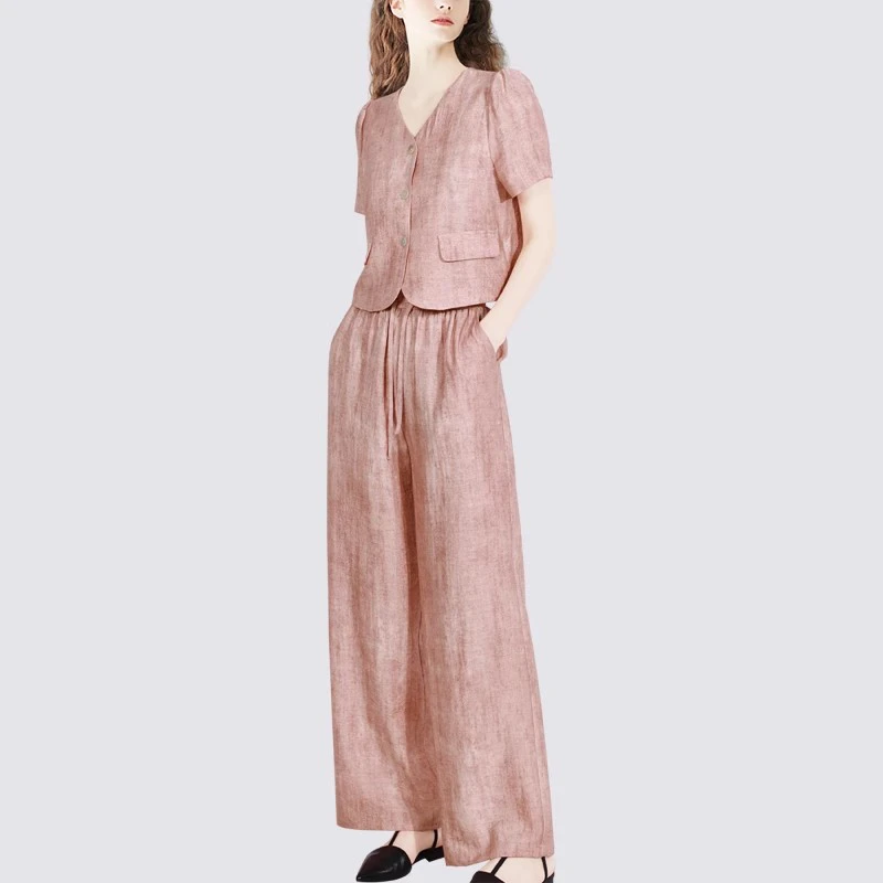今年流行粉色棉麻套装女夏装2025新款轻熟时尚高级感阔腿裤两件套