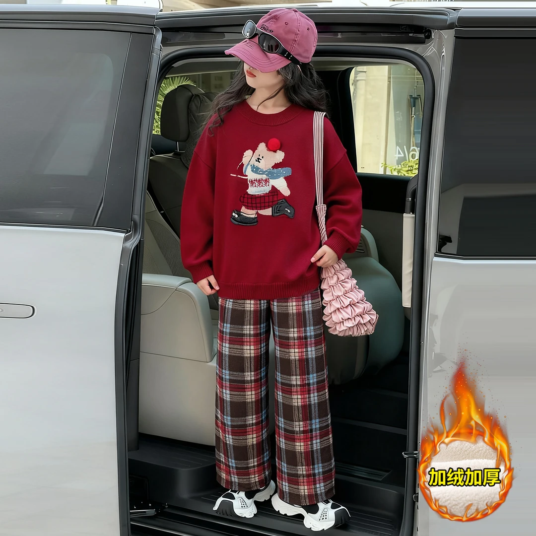 女童秋冬加厚毛衣套装2025新款洋气冬季针织衫加绒格子裤两件套潮