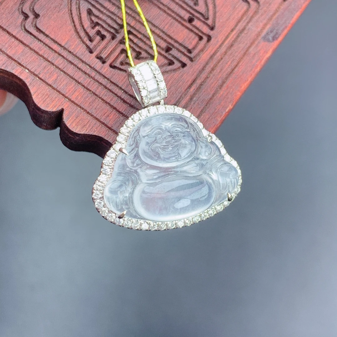 缅甸A货翡翠白冰佛公18k金镶嵌吊坠qqT卡13.2-17-7.4mm