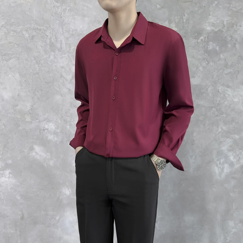 秋季衬衣轻奢男士时尚百搭简约宽松红色修身衬衫休闲长袖男修身