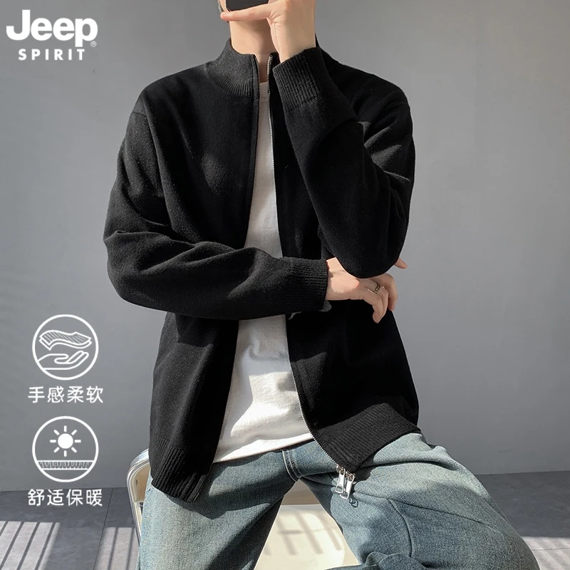 JEEPSPIRIT吉普开衫外套男士立领潮牌宽松休闲春秋百搭针织毛衣男