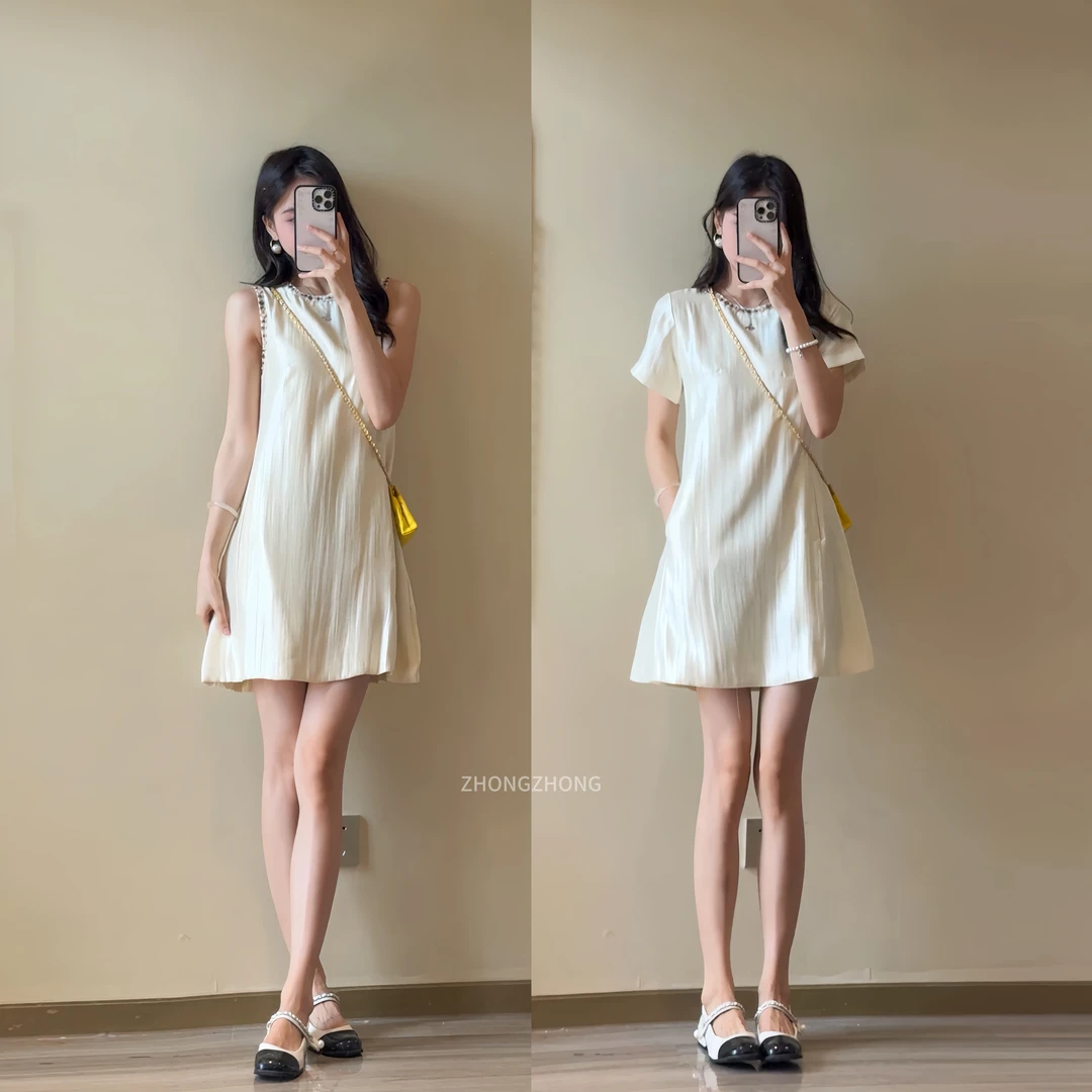 【钟钟shop】夏季高级时尚气质感彩色钉珠小香风连衣裙8018