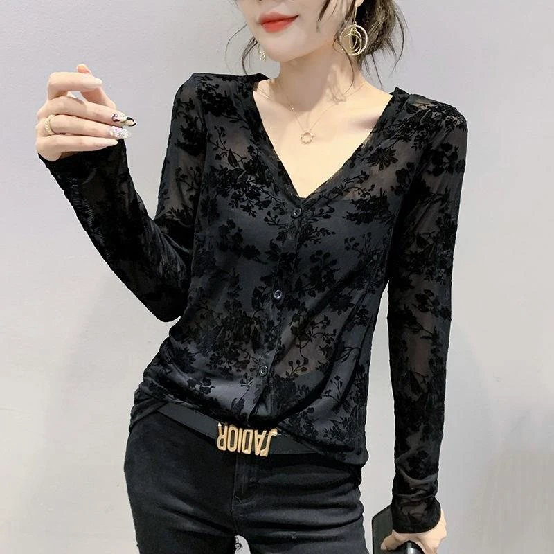 欧洲站2025春秋新款性感V领开衫T恤女长袖植绒上衣洋气显瘦打底衫